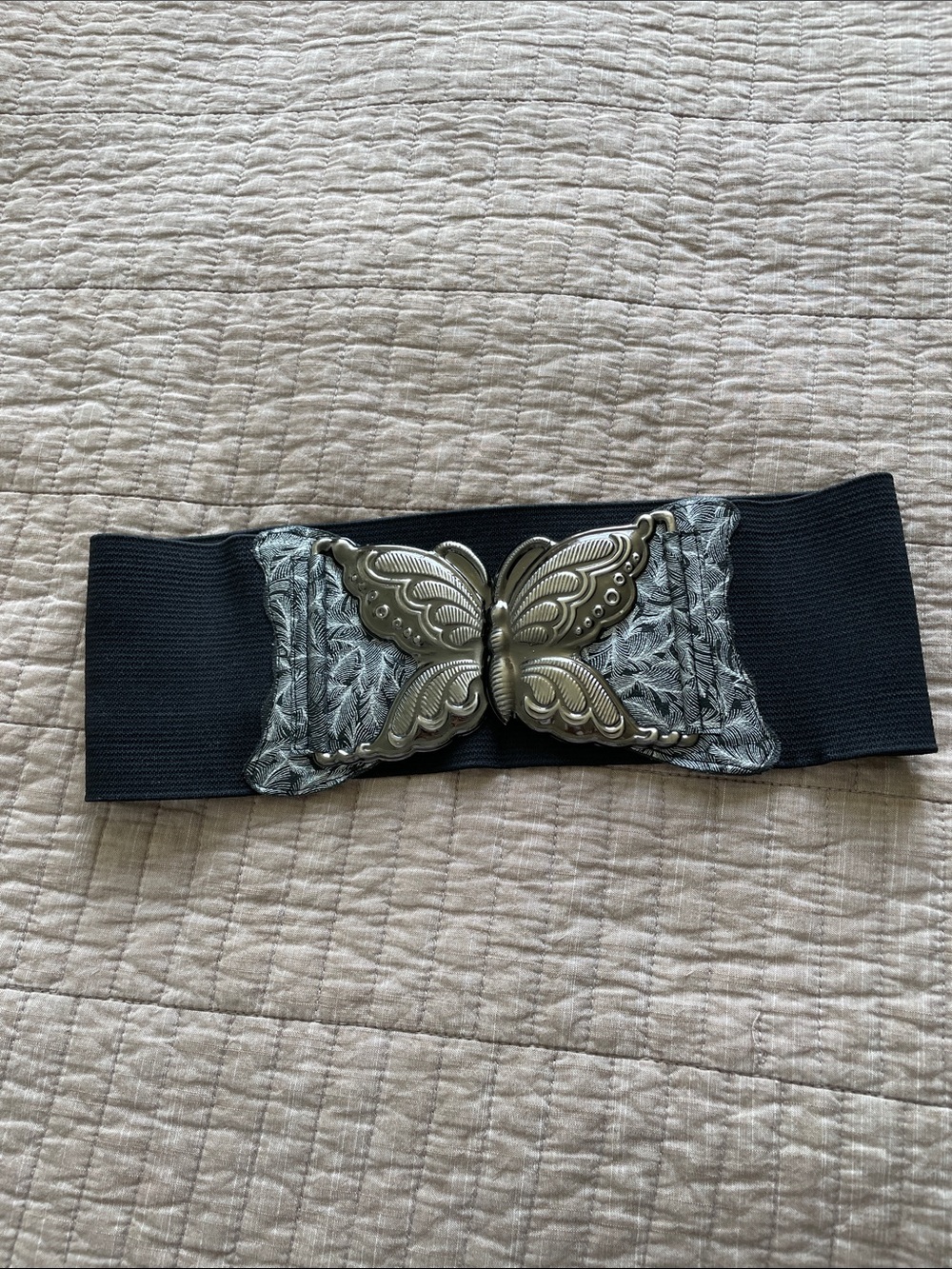 Black Elastic Waist Belt with Antique Silver Butterfly Accent